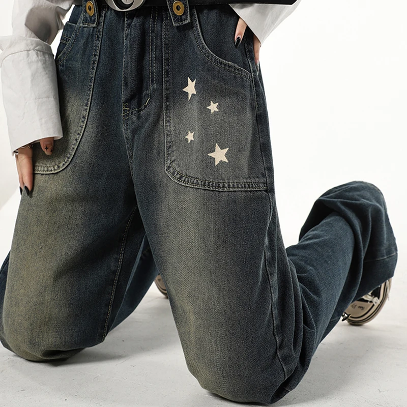 Y2k Streetwear Baggy Jeans Women High Waist American Retro Wide Leg Pants Summer Korean Fashion Female Dark Blue Denim Trousers