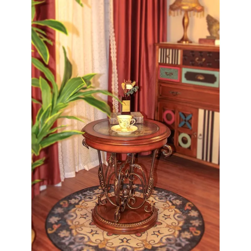Maillard caramel color American sofa edge several European solid wood small round table painted corner several metal retro coffe