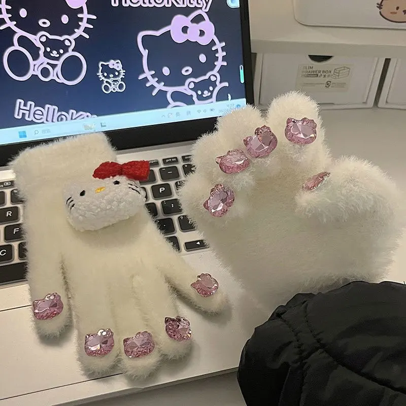 산리오 헬로 키티 여성용 장갑, 귀여운 키티 고양이 봉제 장갑, 따뜻한 부드러운 봉제 양모, 풀 핑거 장갑, 다이아몬드 선물