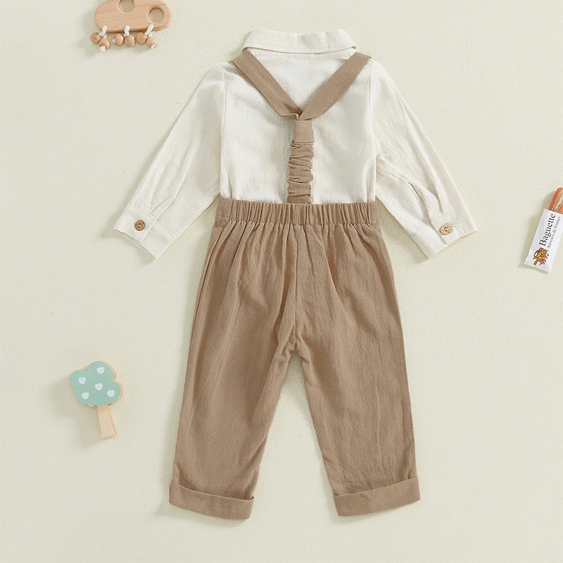 Baby Boys 2PCS Outfit Sets Long Sleeve Lapel Button Up Romper Solid Color Suspender Pants Sets 4
