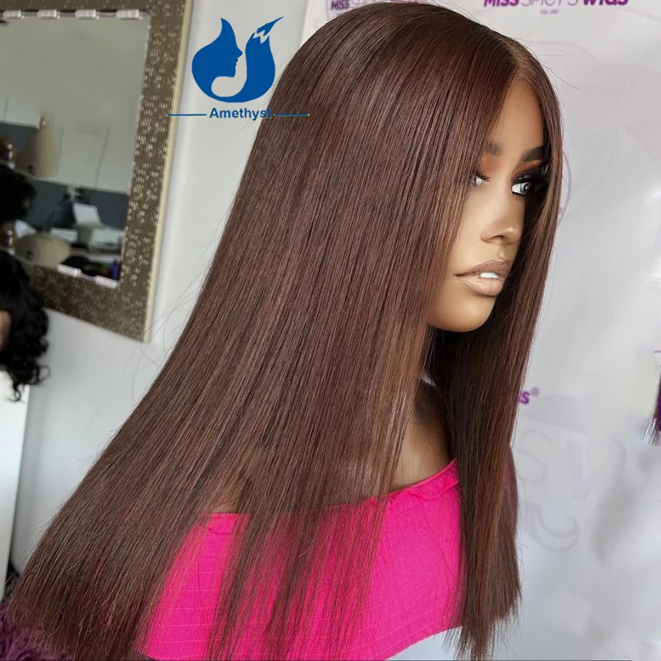 

Amethyst 13x6 Silky Straight 3#Brown Lace Front Human Hair Wigs For Black Women Brazilian Bob Wig Preplucked With Bleached Knots