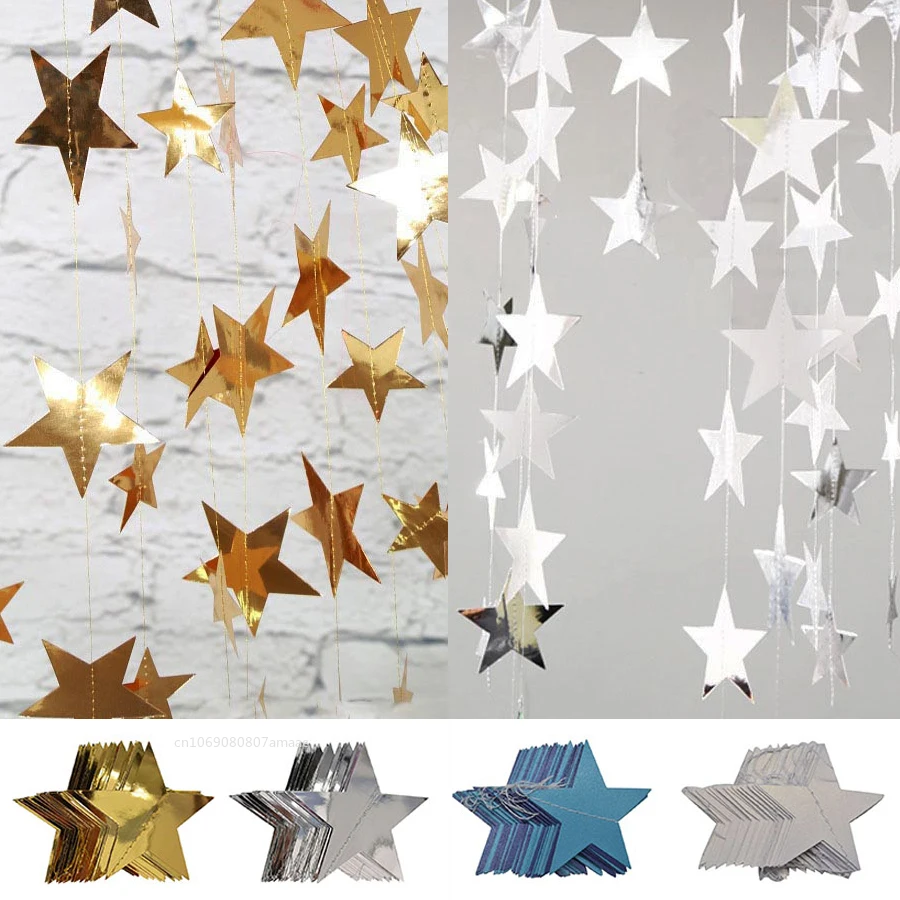 4M helle Gold Silber Papier Girlande Stern String Banner Hochzeit Banner für Weihnachten Baby Shower Party Home Hängende Dekoration