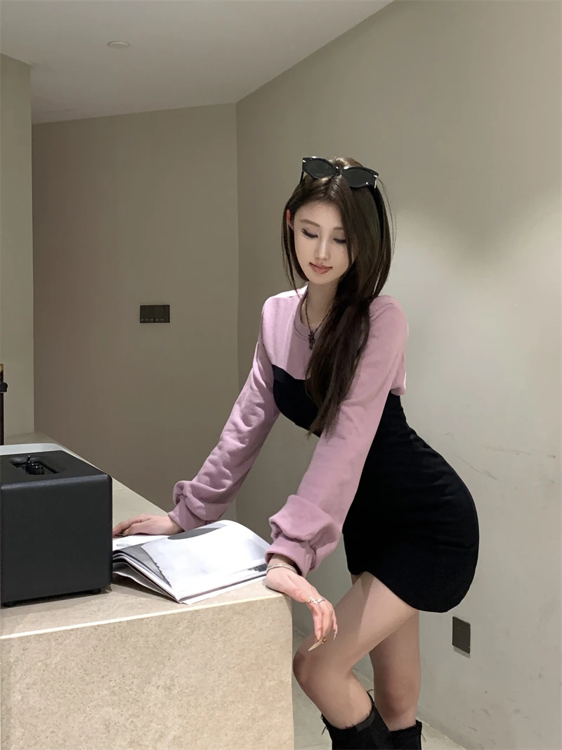 Sexy Patchwork Mini Dresses Women Long Sleeve Bodycon Lace-up Hollow Out Y2K Club Party Dress Korean Fashion Autumn New Vestidos