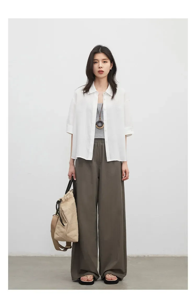 Wijde broek voor dames effen met elastische taille lounge broek_voghion.com