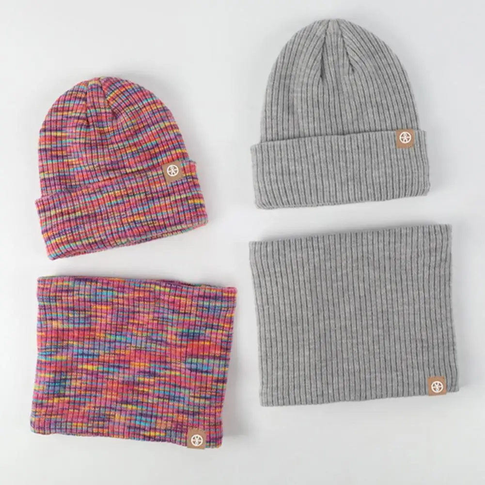 1 Set Children Hat Scarf Gloves Set Thick Knitted Elastic Winter Hat Colorful Cycling Cap Neck Warp Gloves