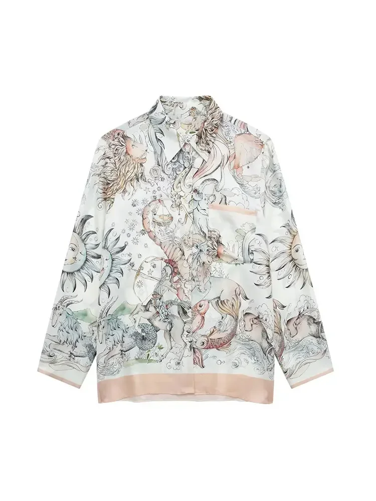 Spring Women 2 Pieces Sets Fashion Silk Printed Shirt Tops + High Waist Long Pants Causal Elegant Sets