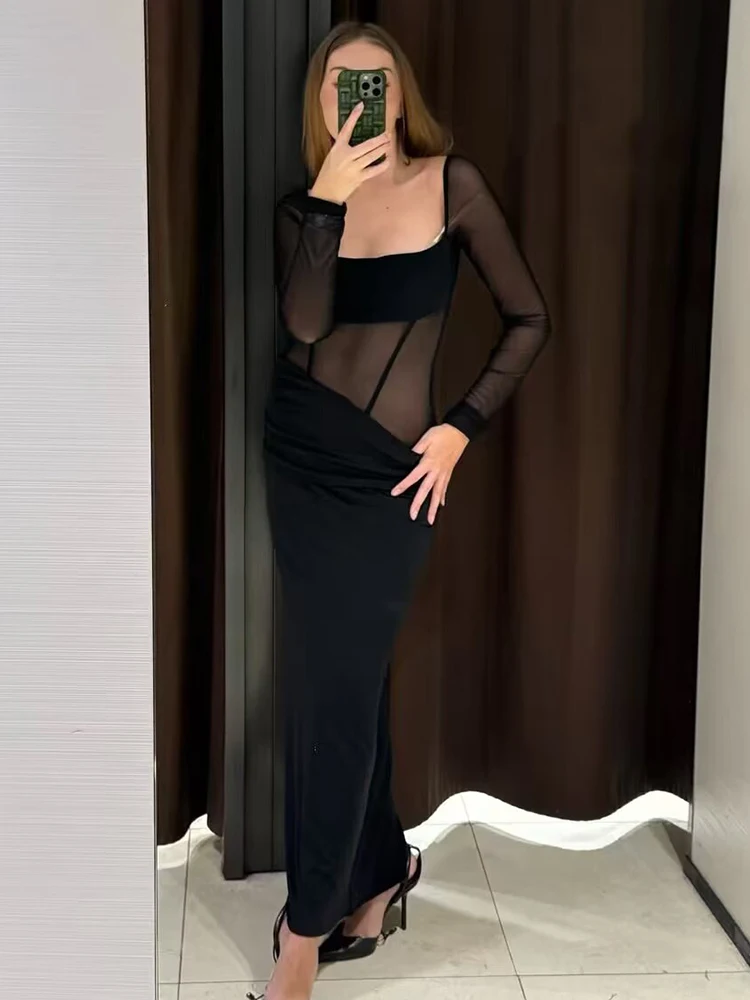 Chic Mesh Splicing Long Dresses for Women Long Sleeve Midi Dress 2025 New Fashion Female Elegant Party Dresses
