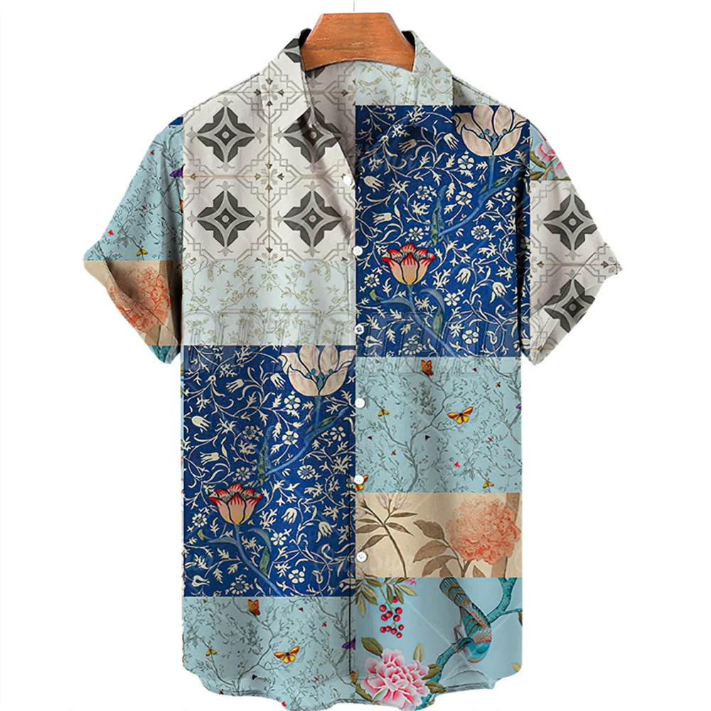 

Summer New Men's Women's Unisex Short Sleeve Retro Pattern Perris Printed Short Sleeve Shirt Casual Large Lapel Shirt