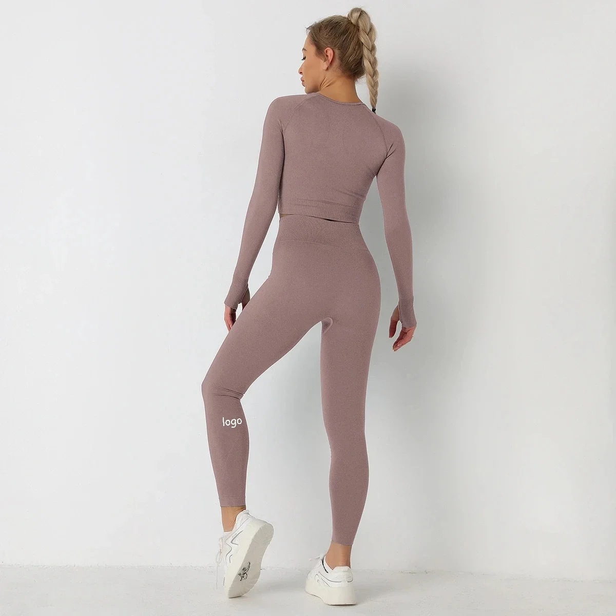 Yoga Set Women Clothing Crop Top Knitted Solid Color Seamless Long Sleeved Pants Yoga Set Sports Two Piece Set Running Suit
