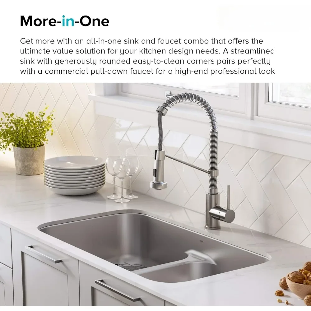 33 Inch Kitchen Sink with 18 Inch Pull-Down Commercial Style Kitche Faucet, Spot Free Stainless Steel Finish, Kitchen Sink