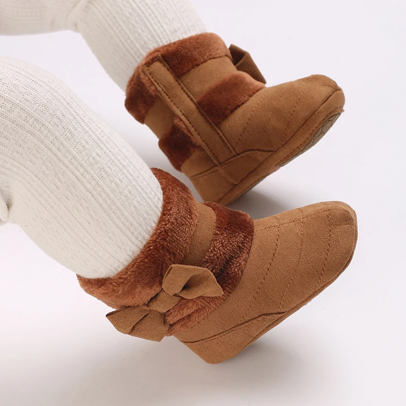 Suefunskry Baby Girl Boots Cute Bowknot Crib Shoes Infant Winter Warm Plush Boots First Walker Shoes with Non-Skid Soles