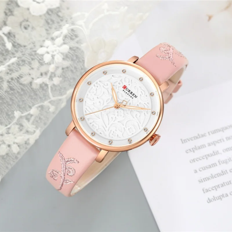 CURREN 9046 Fashion Casual Quartz Women's Watches Waterproof Genuine Leather Embroidered Strap Simple Elegant Ladies Wristwatch 5