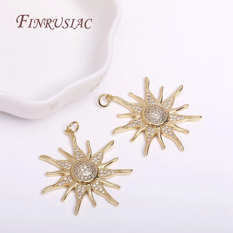 High Quality Brass Metal Inlaid Zircon Sun Charms DIY Jewelry Making 18K Gold Plated 33mm Big Sun Flower Pendant Wholesale 5