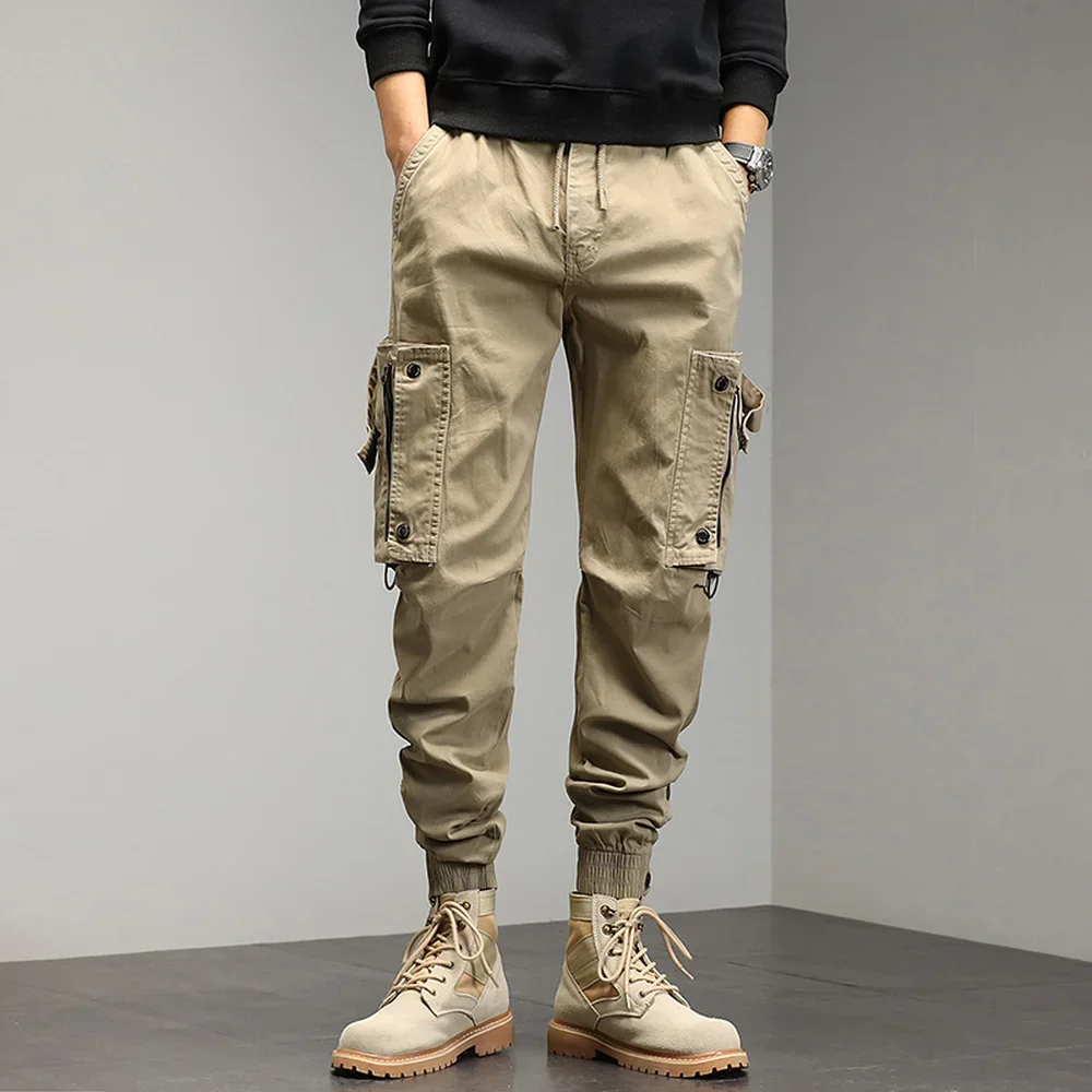 Khaki Cargo Pants Men Drawstring Ankle Length 9 Part Trousers Streetwear Fashion Cotton Pants Men Casual Work Military