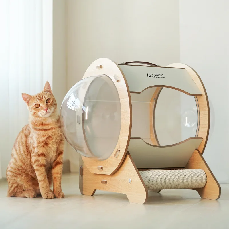 

Space Capsule Cat Bed Enclosed Wooden Pet Nest Cat House And Condo for Sleep Rest Small Dog Bed Cat Nest With Scratching Posts