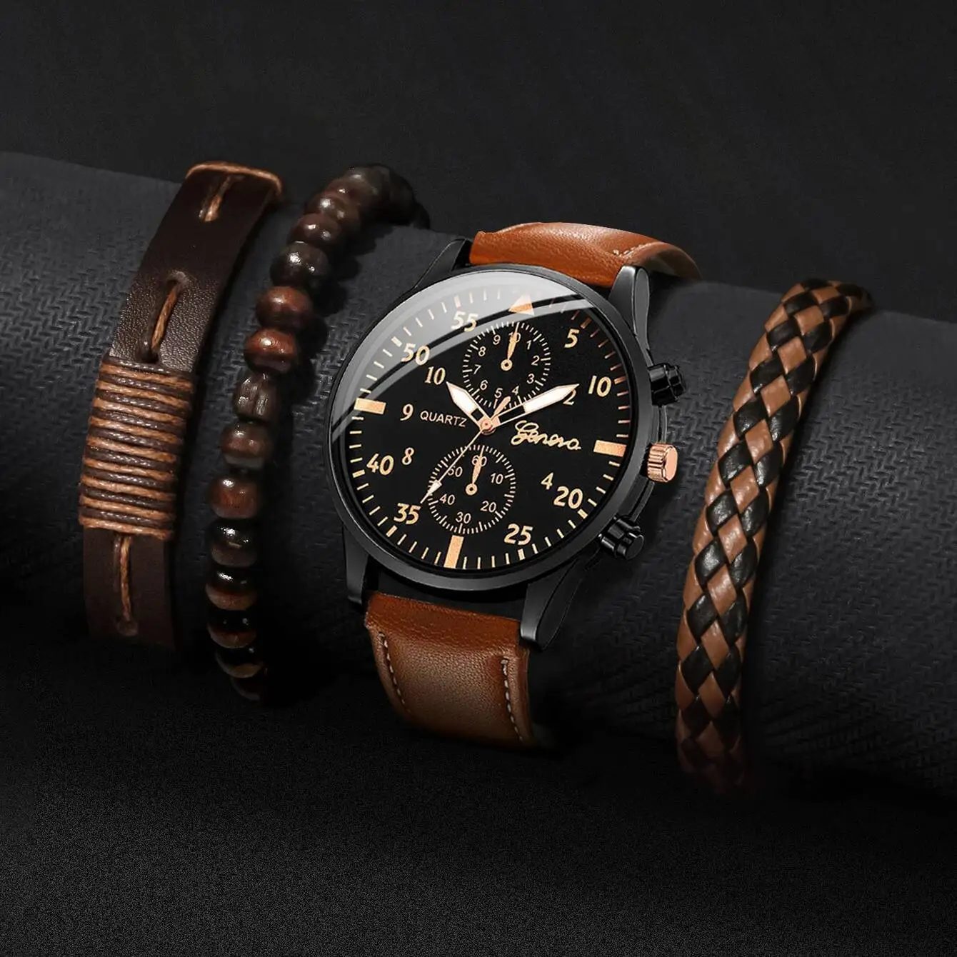 4PCS/Set Fashion Men's Business Watches Casual Leather Strap Quartz Wristwatches Vintage Bracelets Set Reloj Hombre（Without Box）