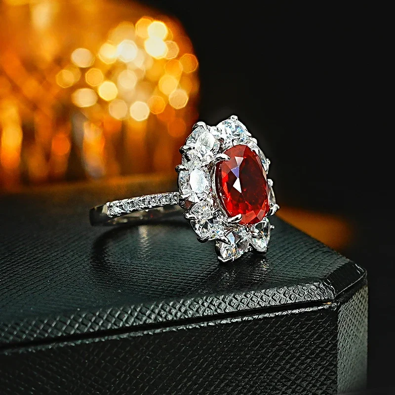 New Red Treasure Flower 925 High Carbon Diamond Silver Ring Set, Retro European and American Style