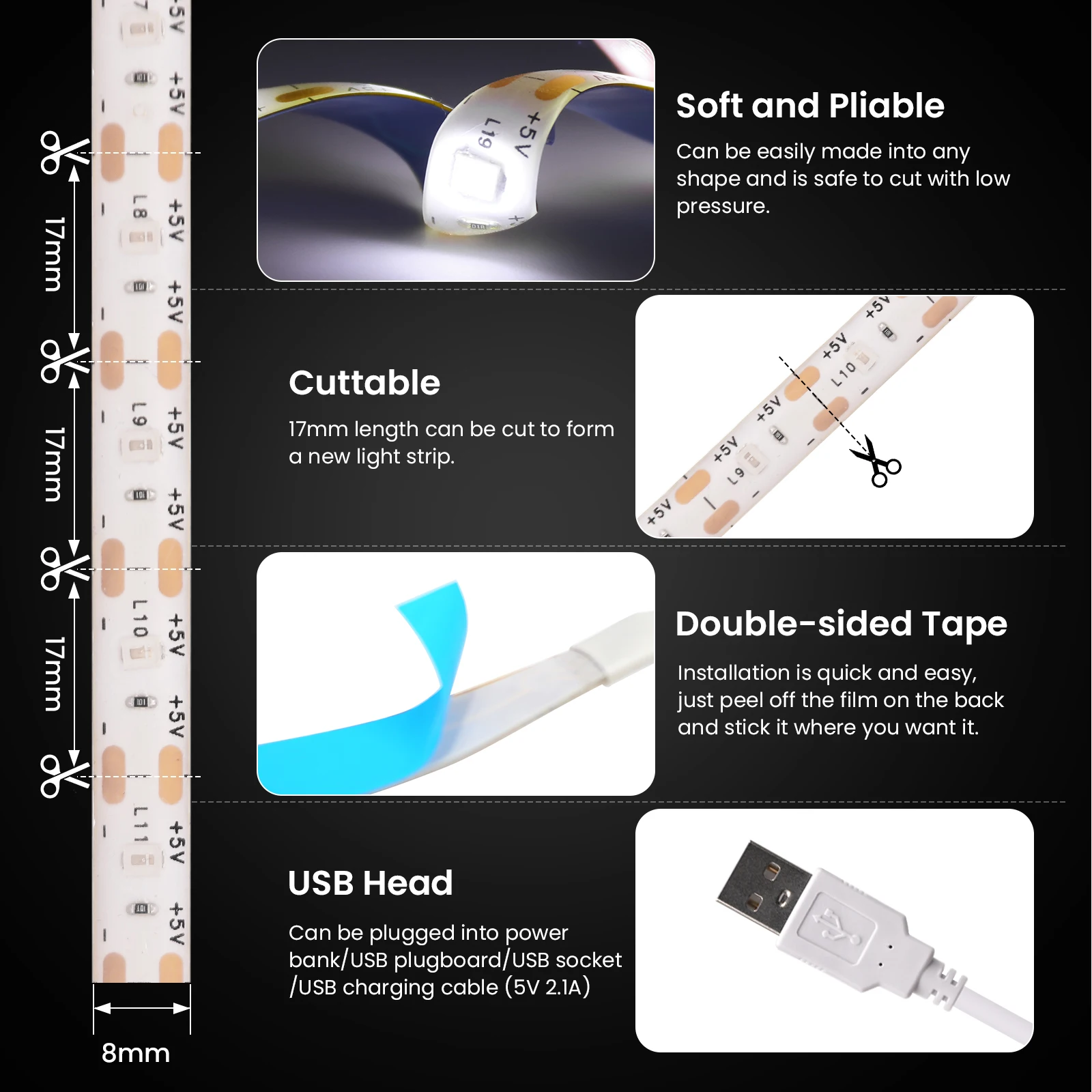 Bande LED Flexible USB 2835, 5v dc, interrupteur tactile, rétro-éclairage de la télévision, de la cuisine, sous-meuble, veilleuse