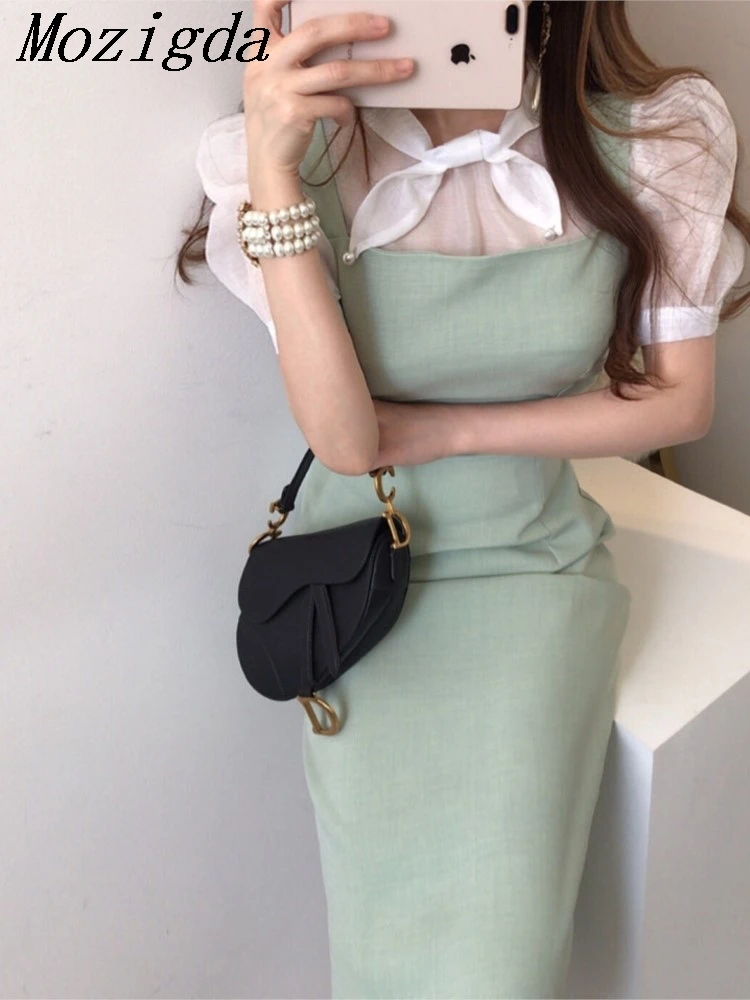 Two 2 Piece Set Dress Women Bow Korean Style See Through Ladies Shirts Slim Fashion Woman Sleeveless Slip Midi Dress summer two piece set ladies fashion casual outfit suit women sleeveless tops frayed cotton linen vest wide leg pants mujer set