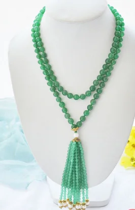 

wholesale 48" 8mm green bead with green Natural Stone and white round pearl tassels sweater necklace