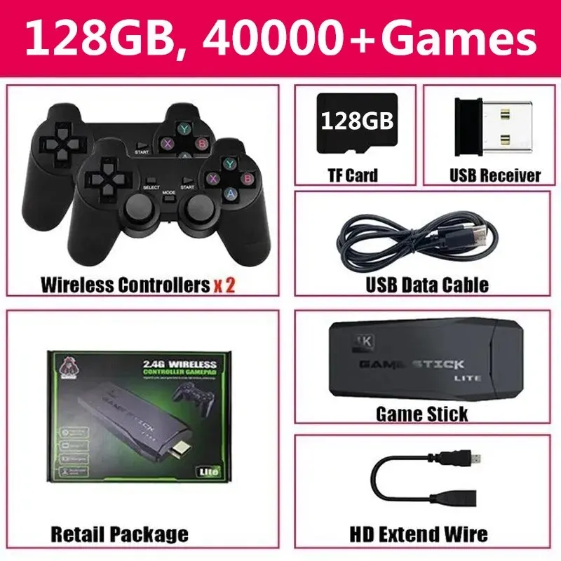 40000+Games 128G X2 Game Stick Retro Game Console 4K HD 2.4G Wireless
