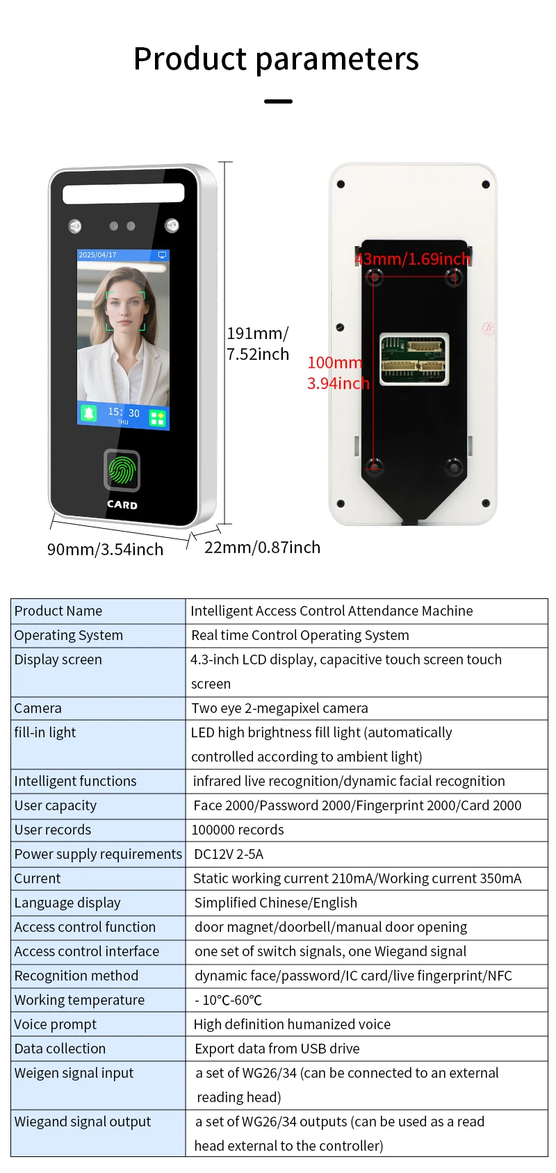 Wall Mount Dynamic facial recognition attendance andaccess control machine 1000