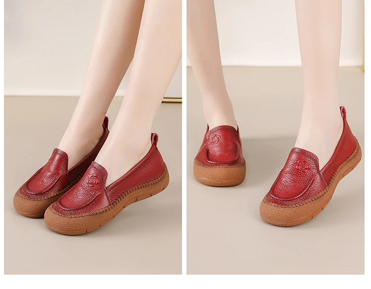 Neue authentische Leder-Slipper-Flats für Damen, alte perforierte, atmungsaktive Mokassins für Damen, exquisite geprägte Rosen-Loafer-Schuhe – Detail 15