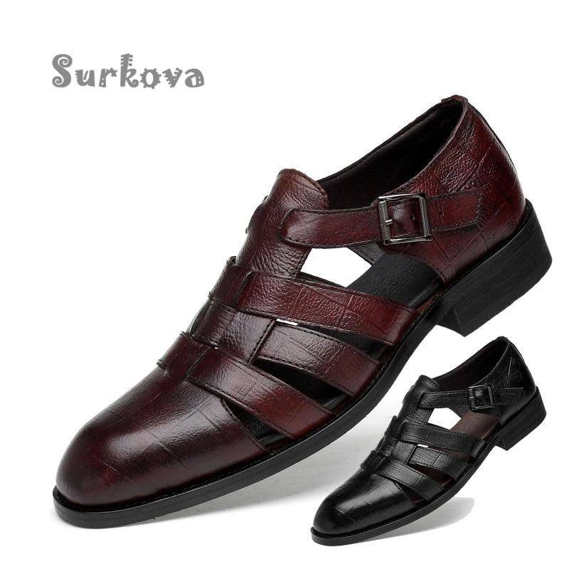 

Summer Men's Hollow Leather Shoes Perforated Breathable Hole Dad's Shoes Fashion Round Toe Business Casual Ankle Buckle Sandals