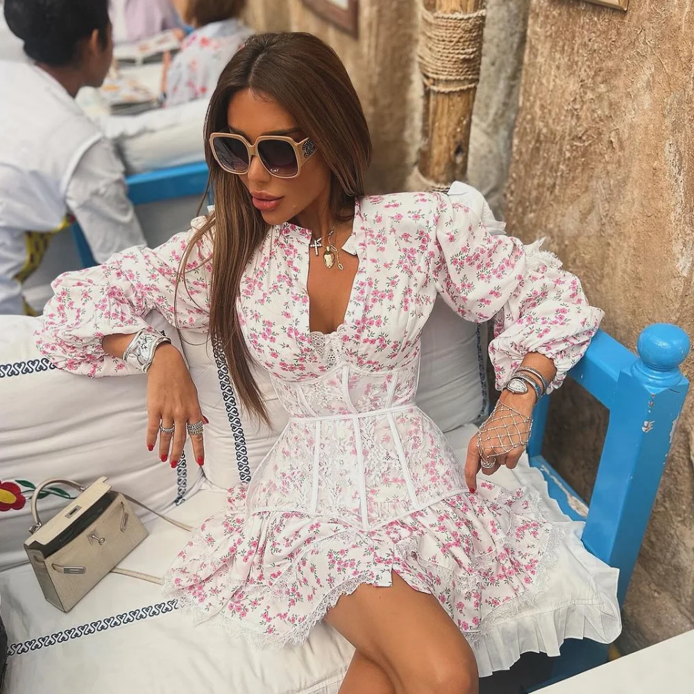 Fashion Printed Mini Dress V-Neck High Waist Short Dresses Ruffled Slim Fit Party Dress Summer 1