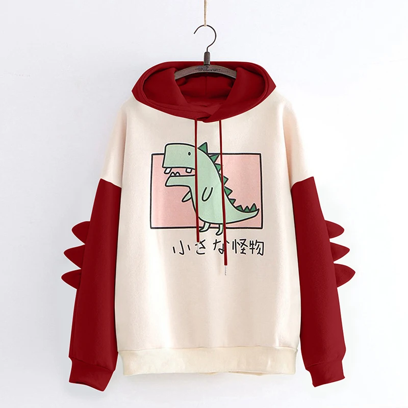 Casual Dinosaur Print Hoodies Women Cute Purple Sweatshirt Pullovers Tops Harajuku Hooded Girls Female Teens Hooded Clothes Red