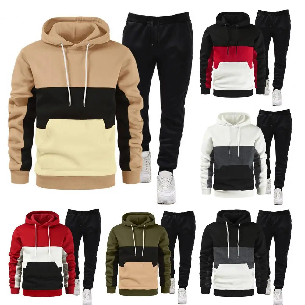 

2Pcs/Set Men Hoodie Pants Suit Spring Fall Contrast Color Loose Casual Male Long Sleeves Drawstring Sweatshirt Top Elastic Waist