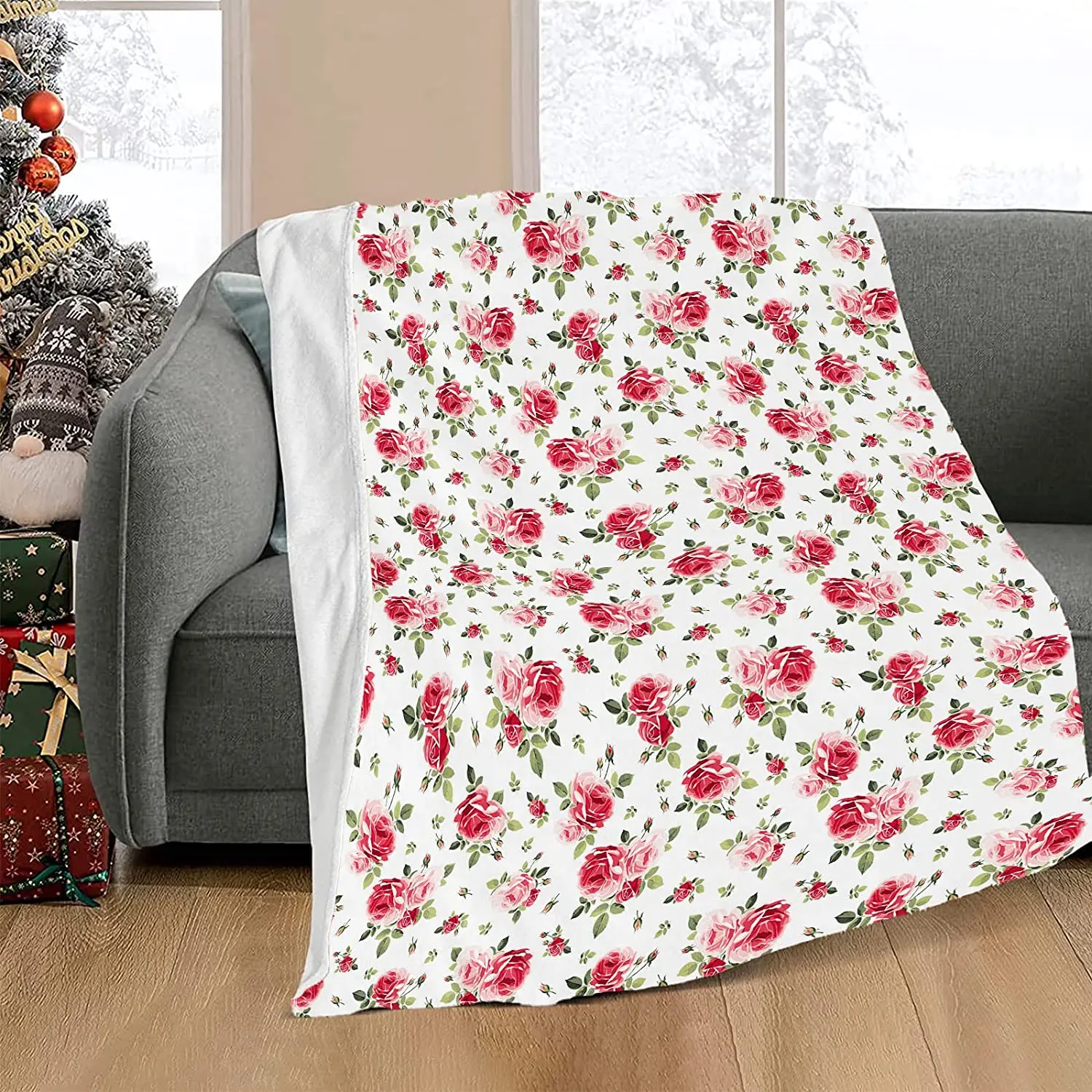 

Floral Rose Throw Blanket, Flannel Soft Warm Cozy Floral Print Blanket, Plush Home Throws Blankets for Girl Women Mom