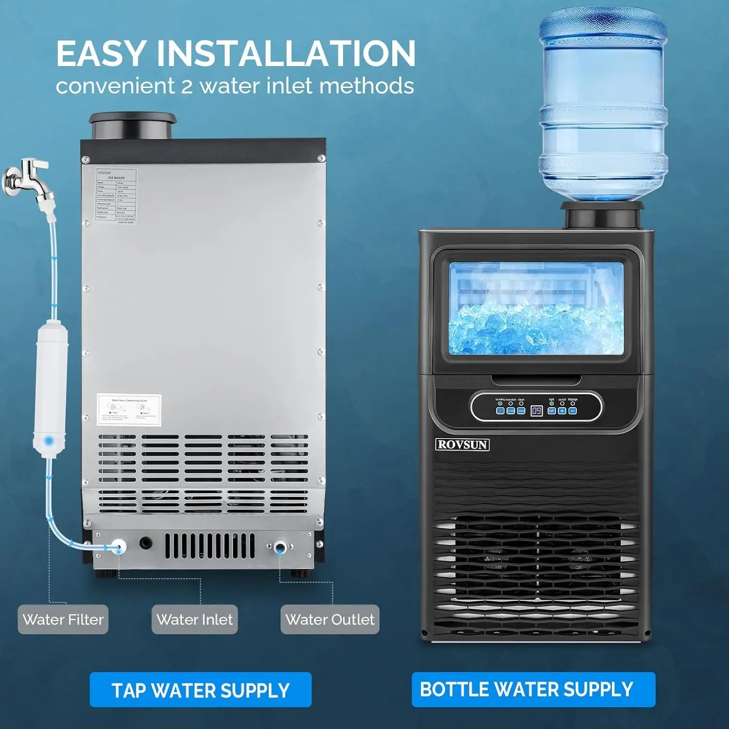 Countertop Ice Maker with 2 Water Inlets & Appointment Function, Freestanding Ice Machine with 11lbs Storage Bin, Ice Scoop, Dra 5