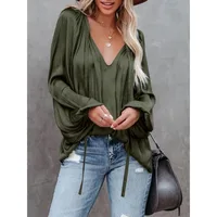 Plus Size Fashion Long Sleeve V Neck Office Casual Shirt Women Elegant Simple Loose Blouse Ladies Pleated Solid Color Top