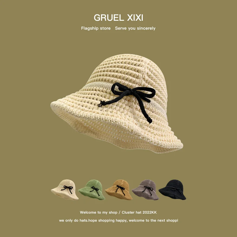 

Панама женская Соломенная с бантом, японская Милая Панама с вырезами, универсальная модная повседневная шляпа от солнца, для путешествий, весна-лето
