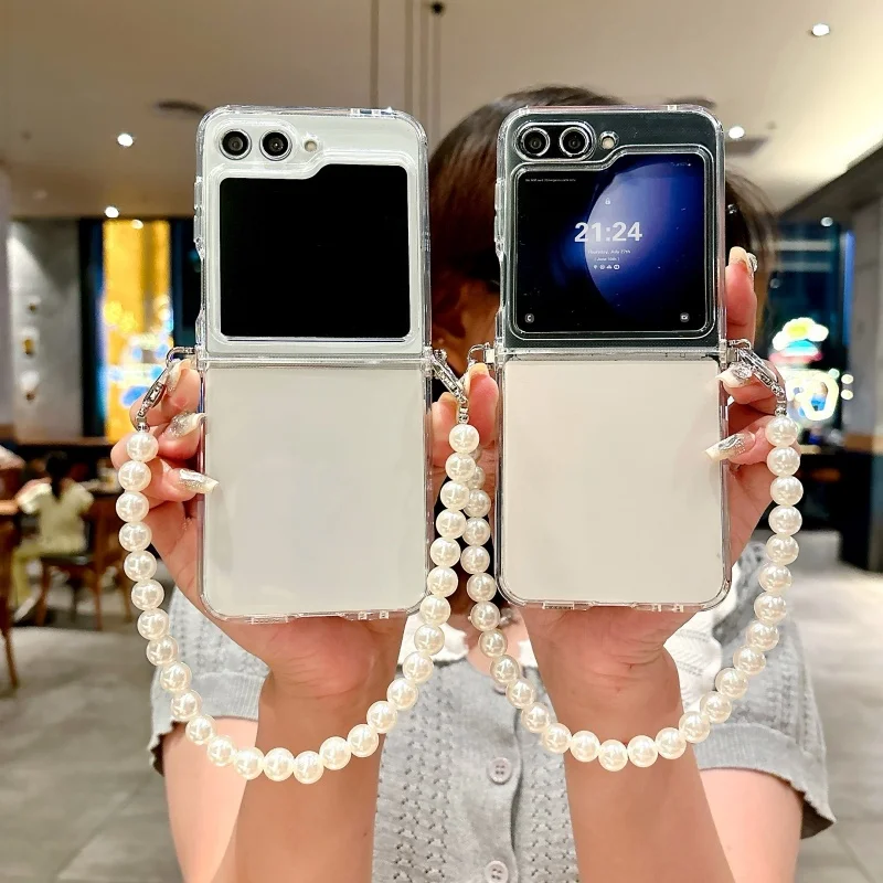 Transparent TPU Foldable Phone Case with Pearl Bracelet and Side Buckle