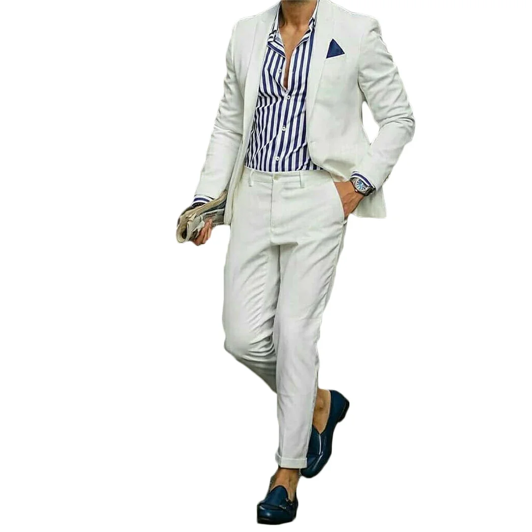 Fashion White Casual Suits Groom Tuxedo Slim Fit Prom Blazer Hombre High Street High Quality Custom 2 Piece Set Costume Homme
