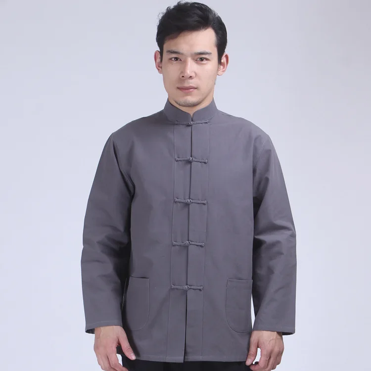 Vintage Hanfu Jacket Coat Men Long Sleeve Hand Button Cheongsam Kong Fu Clothes Zen Tops Chinese Stand Collar Tang Cloth