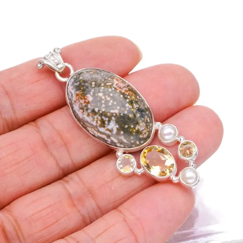 

StarGems Natural Ocean Jasper&Citrine And River Pearl Handmade 925 Sterling Silver Pendant 2 1/4" F6539