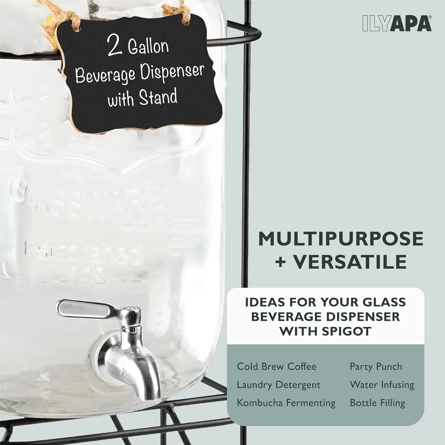 2 Gallon Glass Beverage Dispenser, Metal Base, Stainless Steel Spigot & Hanging Chalkboard - Outdoor Drink Dispenser for 5