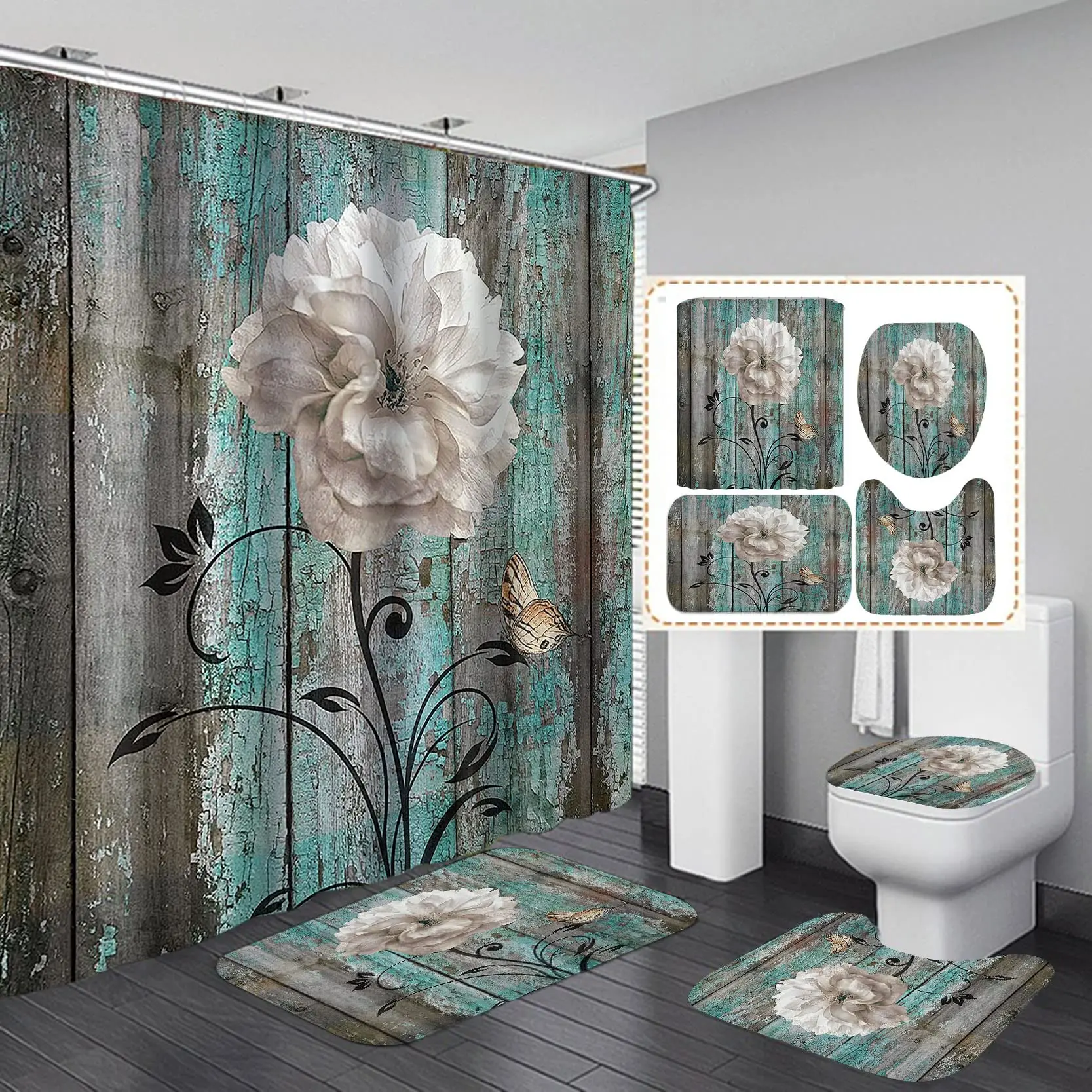 

Floral Pottery Vase Shower Curtain Set Vintage Country Flower Bird Art Bathroom Non-Slip Bath Rugs Toilet Mat
