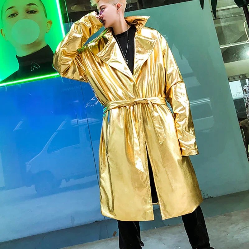 

Mens Shiny Gold Trench Coat Nightclub DJ Dancer Stage Performance Glossy Windbreaker Hip Hop Harajuku Streetwear