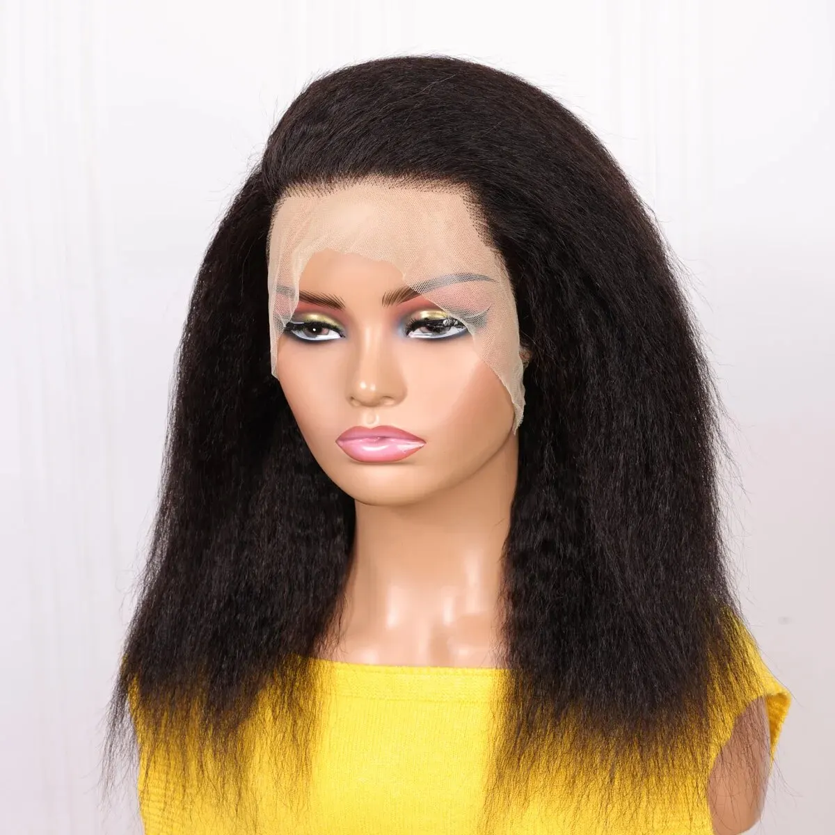 Lace Front Wig Soft Yaki Preplucked Middle Part Short Bob 16Inch 180Density Kinky Straight Synthetic With Baby Hair Glueless
