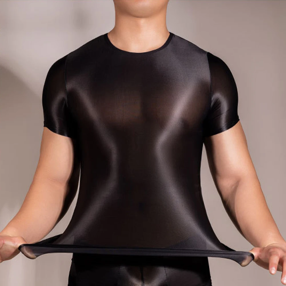 

Men's Oil Shiny Short Sleeve T-Shirts Solid Color High Elastic Sexy See-Through Nightclub T-shirt Man Tops Nightwear