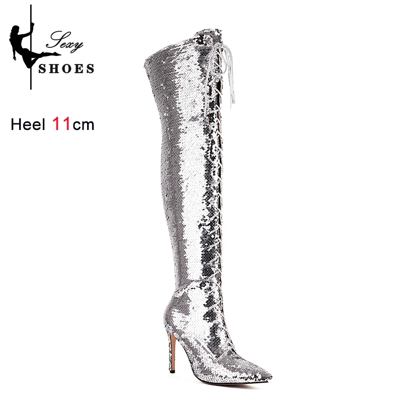 Over The Knee Glitter Boots For Women Autumn Winter Warm Party Shoes Sequins Pointed Toe Stiletto Heels Night Club Female Boots