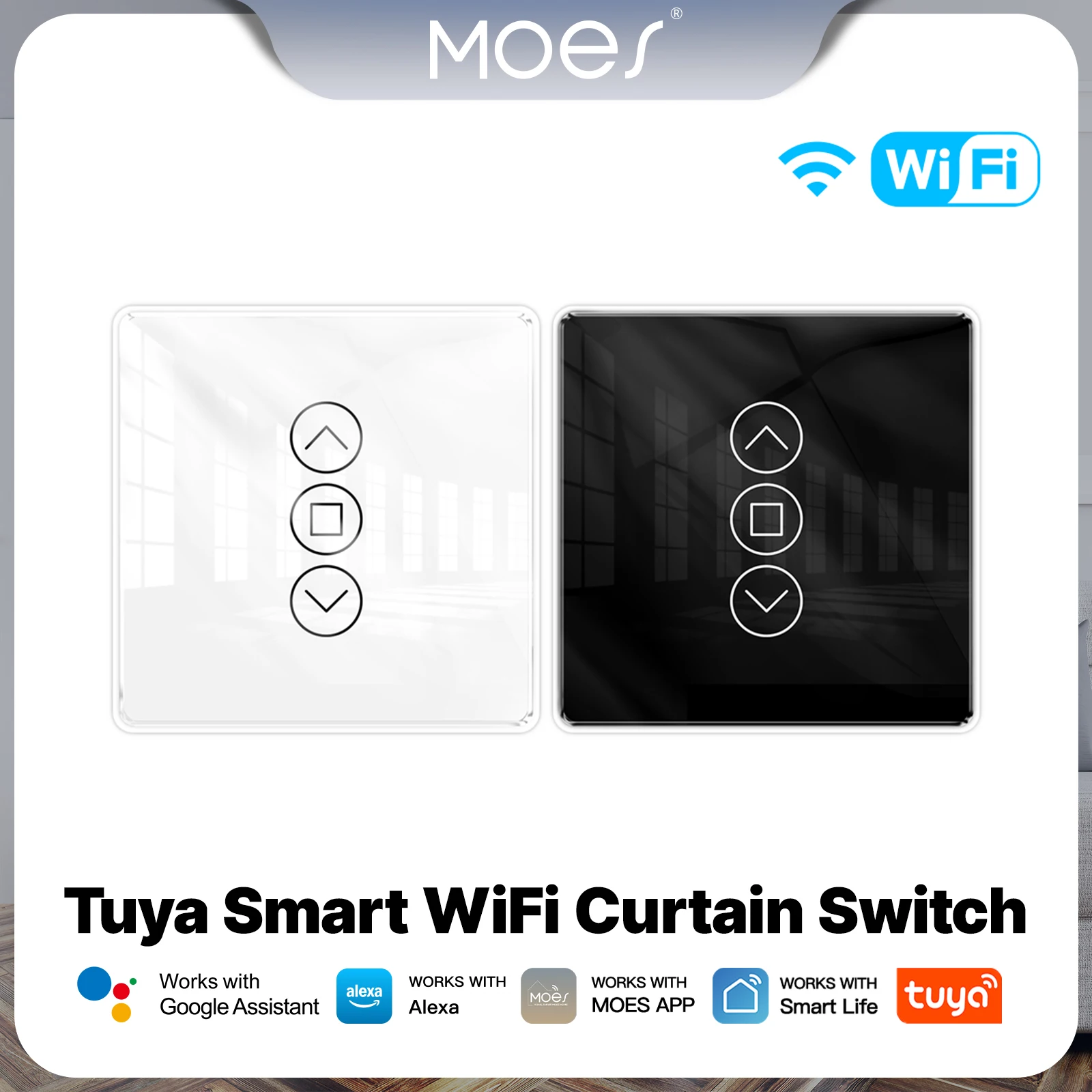 สวิตช์ม่านอัจฉริยะ Moes Tuya Smart WiFi RF433 แผงสัมผัสกระจกโค้ง 2.5D สำหรับม่านม้วน บานเกล็ด ควบคุมผ่านแอพ รีโมทไร้สาย รองรับ Alexa 1