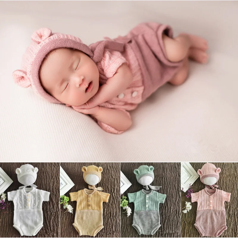 Dvotinst Newborn Photography Props for Baby Unisex Cute Outfits Ears Bonnet Fotografia Accessories Studio Shoots Photo Props dvotinst newborn photography props baby posing basket cute mini wooden cribs bed fotografia accessorio studio shoot photo props