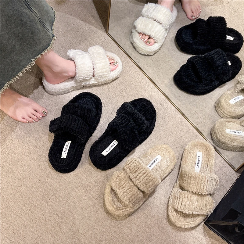 Winter Plus Size Warm Slippers Women Fashion Fluffy Fur Home Slides Platform Flat Indoor Floor Flip Flops Ladies Shoes
