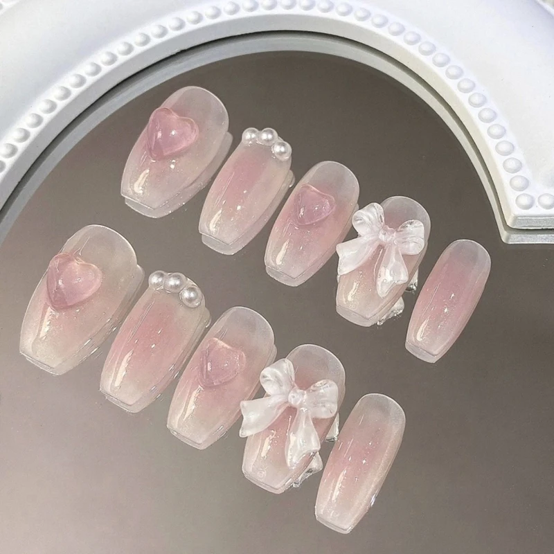 

Medium Coffin Press on Nails 10Pcs Fake Nails Full Cover Square Nails with 3D Pearl Bow Heart Designs