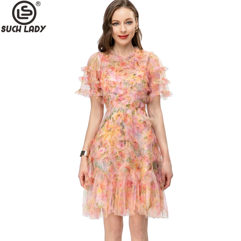 

Women's Runway Dresses O Neck Short Sleeves Printed Tiered Ruffles A Line High Street Vestidos